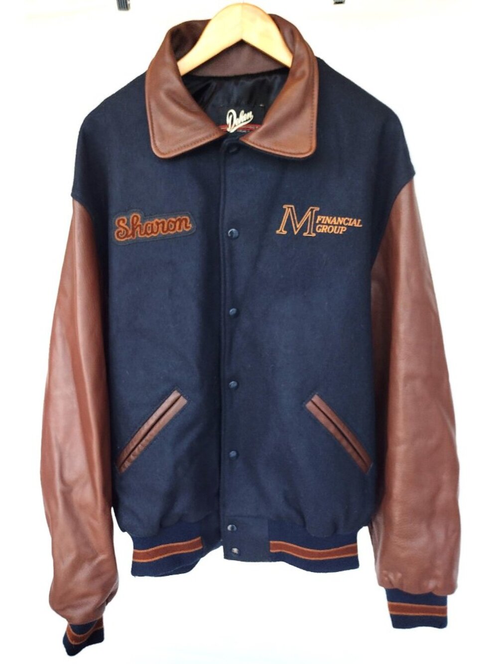 Dehen Wool and Leather Letterman Jacket Navy Blue and Brown Size XXL